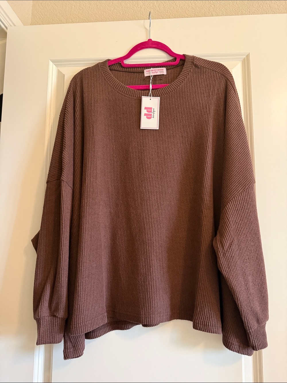 Discount Divas Relaxed Ribbed Hacci Crewneck- Brown